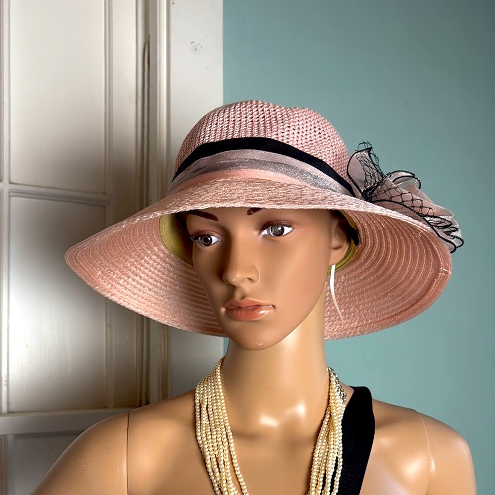 Elegant Pink Wide-Brim Hat with Black Ribbon
